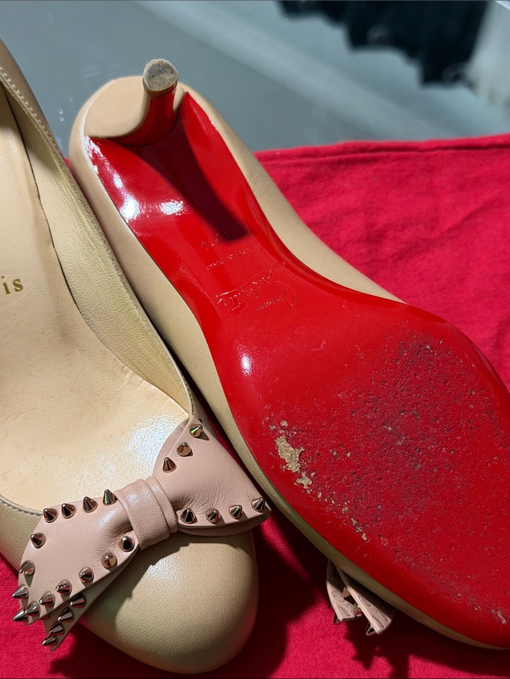 Christian Louboutin Nude Leather Pumps with Blush Studded Bow - Picture 2 of 4